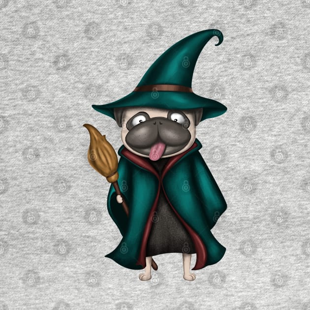 Cute Pug In Witch Costume by Luna Illustration